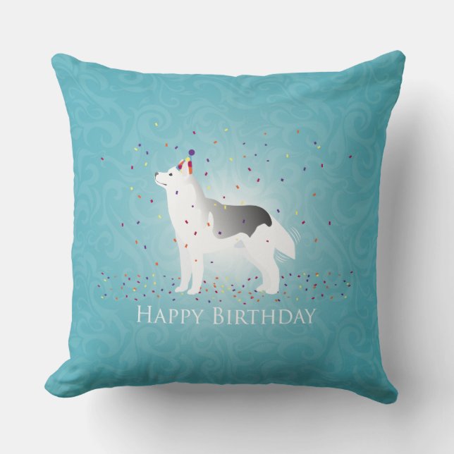 Cojín Decorativo Silver Siberian Husky Dog Happy Birday Design (Anverso)