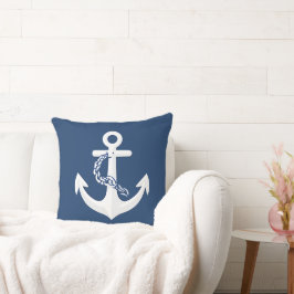 Cojín Decorativo Símbolo Náutico de Ancla Clásico Blanco Azul Marin