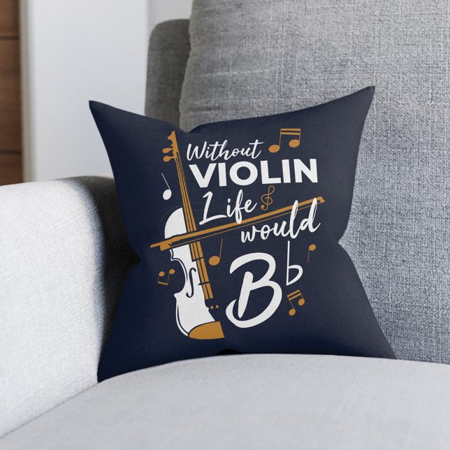 Cojín Decorativo Sin Violín, la vida sería música plana (Cute Violinist Navy Blue Throw Pillow with funny saying)