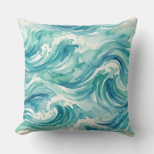 Cojín Decorativo Sinfonía de Espuma de Mar Olas de Acuarela