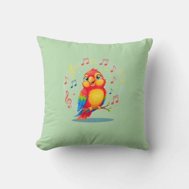 Cojín Decorativo **Singing Parrot – Cute Parrot Singing Illustratio (Anverso)