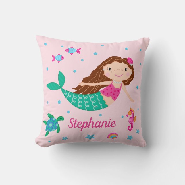Cojín Decorativo Sirena Bajo El Mar Rosa Personalizado (Anverso)