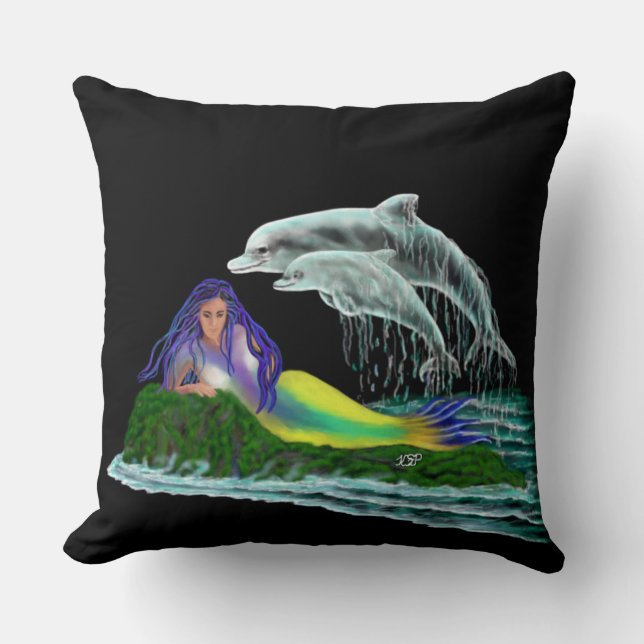 Cojín Decorativo Sirena con delfines (Anverso)