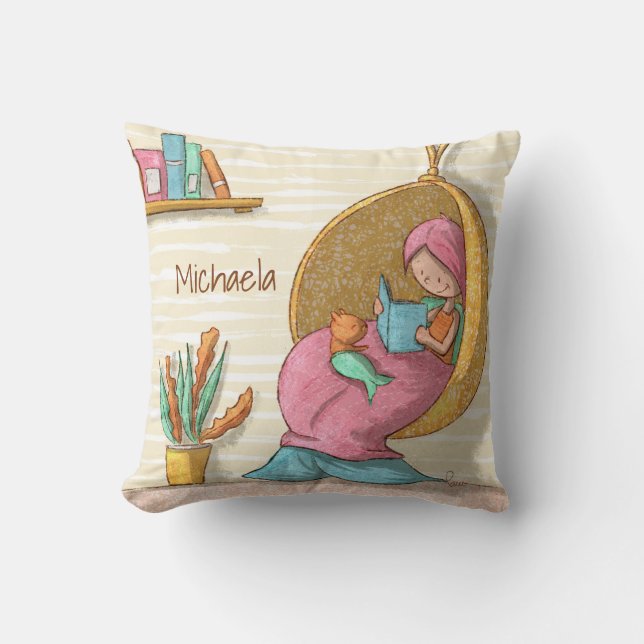Cojín Decorativo Sirena linda con rincón de lectura de gato (Anverso)