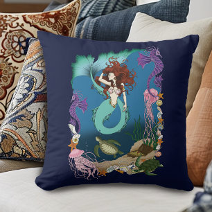 Cojín Decorativo Sirena Mística Fantasía Oceánica Azul Vida Marina