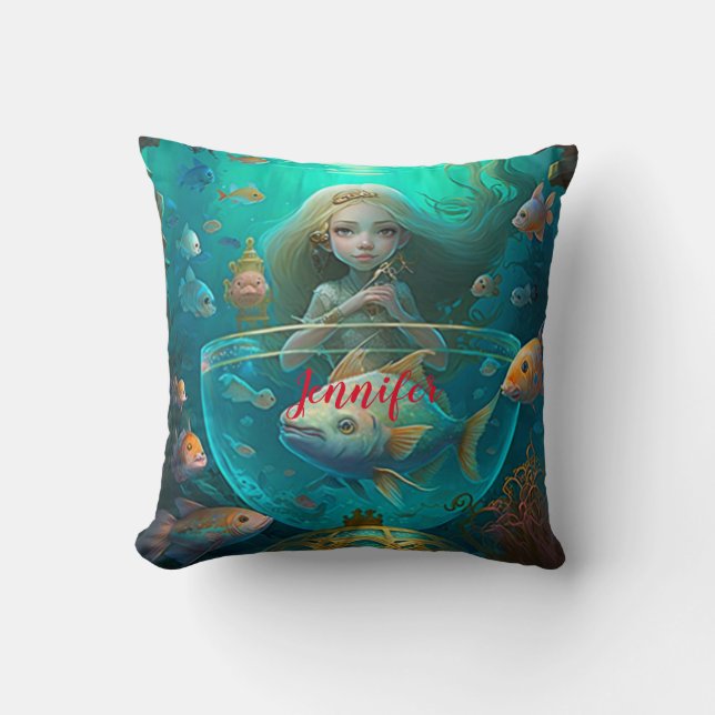Cojín Decorativo Sirena nadando con personalizado de pescado (Anverso)