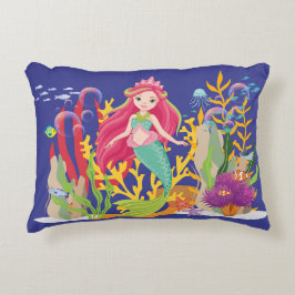 Cojín Decorativo Sirena oceánica: El cabello largo y rojo