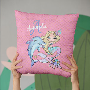 Cojín Decorativo Sirena Rosa Dorado Personalizado Habitación de Niñ