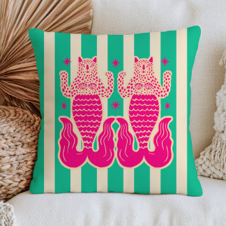 Cojín Decorativo Sirenas de Leopardo Rosa sobre Patrón Náutico de R