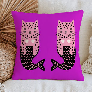 Cojín Decorativo Sirenas Leopardo en Náutica de Fantasía Púrpura