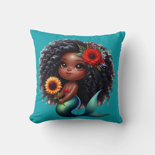 Cojín Decorativo "Sirenita bebé afroamericana con girasol" (Anverso)
