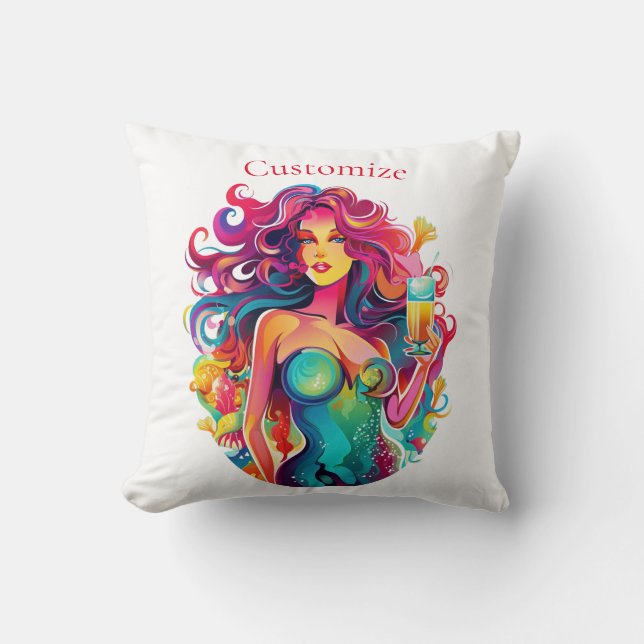 Cojín Decorativo Sirenita de cabello arcoiris con cóctel (Anverso)