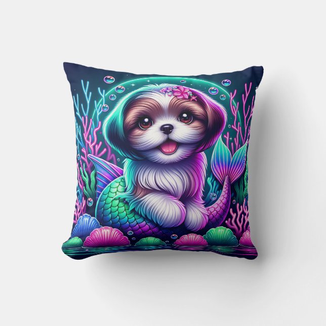 Cojín Decorativo "Sirenita Shih Tzu Puppy - Fantasía caprichosa Art (Anverso)