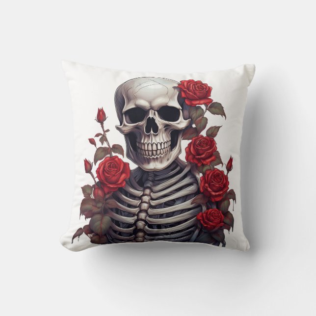 Cojín Decorativo Skeleton con rosas rojas (Anverso)
