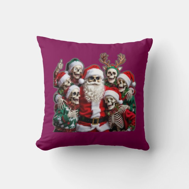 Cojín Decorativo Skeleton Santa Christmas Group Photo – Festive 3D  (Anverso)