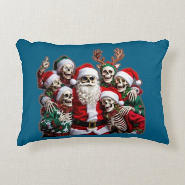 Cojín Decorativo Skeleton Santa Christmas Group Photo – Festive 3D  (Anverso)