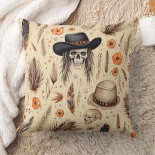 Cojín Decorativo Skull De Vaquero Y Patrón De Calabaza Boho Sin Mar