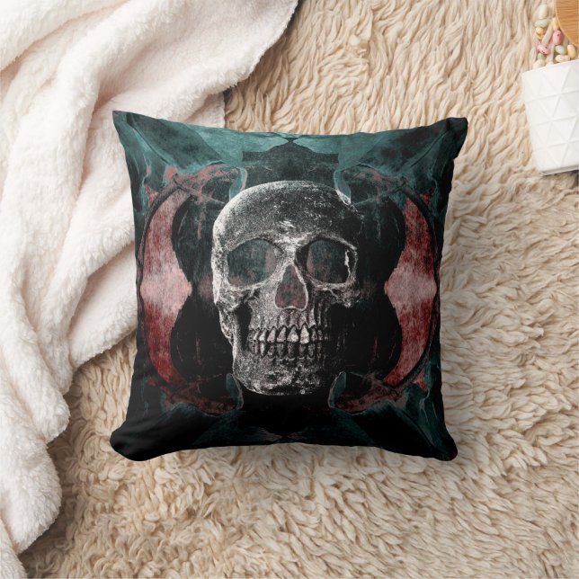 Cojín Decorativo Skull Floral gótica Verde azulado negro rojo grues (Manta)