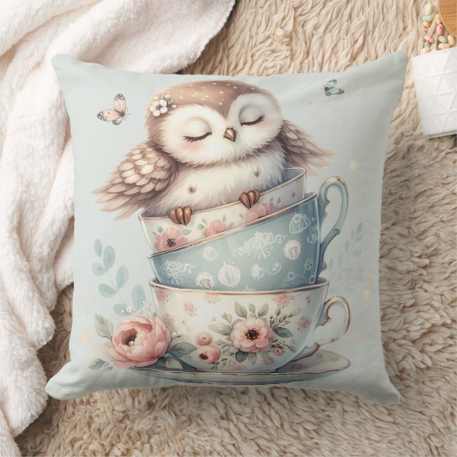 Cojín Decorativo Sleeping Owl in Stacked Floral Teacups (Manta)