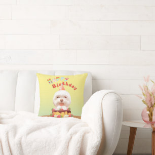 Cojín Decorativo Smile Pup: Cumpleaños Feliz Bichon y Arte de Tarta