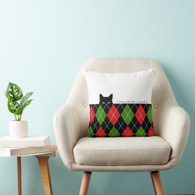 Cojín Decorativo Sneaky Cat Argyle Verde Rojo Negro (Silla)