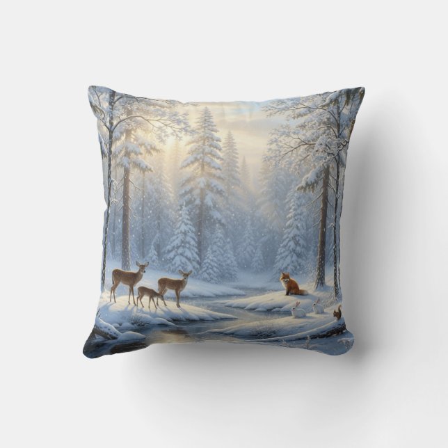 Cojín Decorativo Snow Covered Forest with Woodland Wildlife (Reverso)