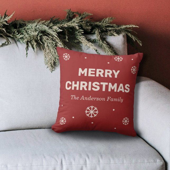 Cojín Decorativo Snowflakes & Merry Christmas Red  (Snowflakes & Merry Christmas Red Pillow)