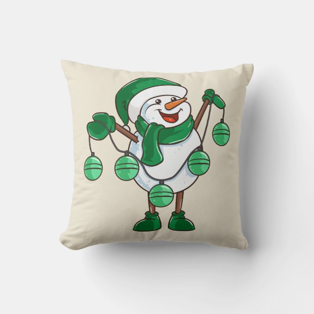 Cojín Decorativo Snowman en Green Scarf | Gracioso regalo de Navida (Anverso)