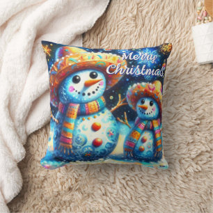 Cojín Decorativo Snowman Snowman de arte folklórico mexicano