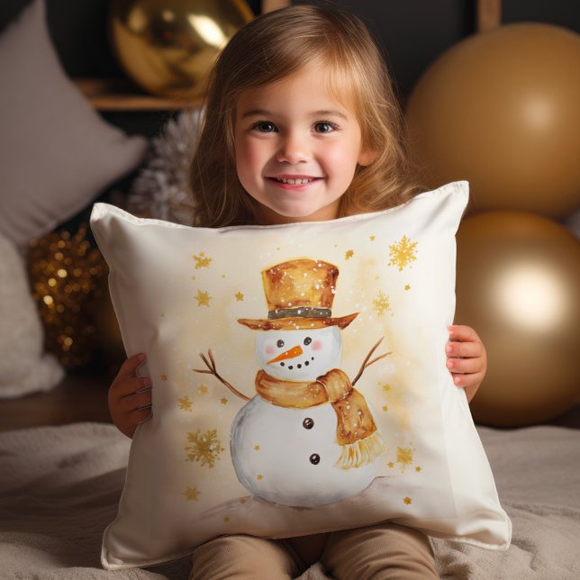 Cojín Decorativo Snowman Winter Snow Gold White (Gold and white snowman Christmas pillow)
