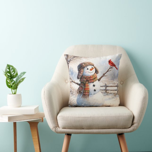 Cojín Decorativo Snowman With Red Cardinal Bird (Silla)