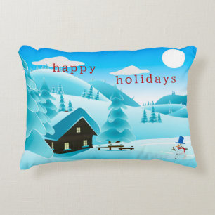 Cojín Decorativo Snowowley Winter Woods Cabin + Snowman Happy Holid