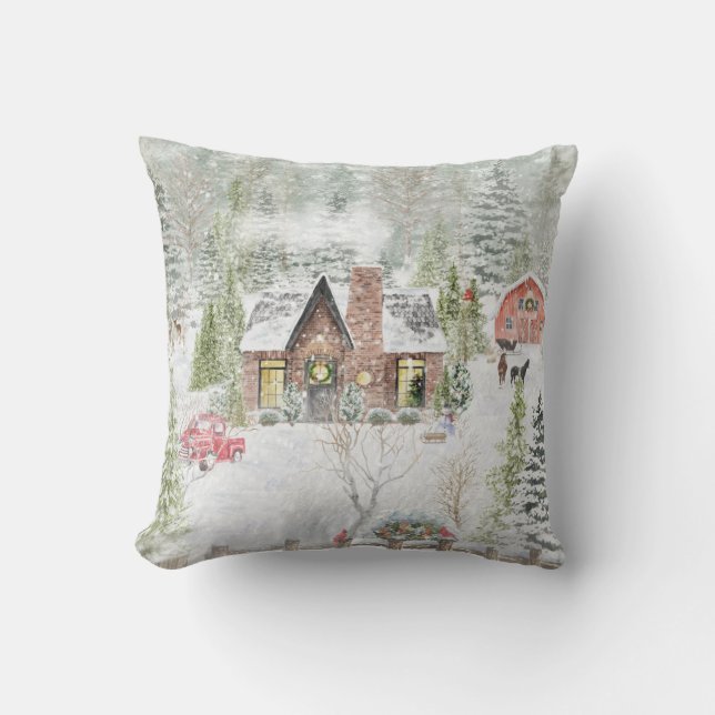Cojín Decorativo Snowy Winter Navidades Cabin Scene (Anverso)