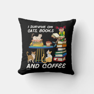 Cojín Decorativo SOBREVIVIR EN GATOS, LIBROS Y CAFÉ lindo gato grac