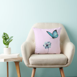 Cojín Decorativo Soft Pink Pillow with Blue Flower and Butterfly