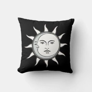 Cojín Decorativo Sol Blanco y Luna Plateada sobre Negro