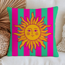 Cojín Decorativo Sol bohemio sobre rayas retro de rosa fucsia y ver