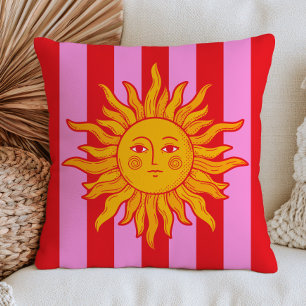 Cojín Decorativo Sol BOHO en rayas rojas y rosadas maximalista retr