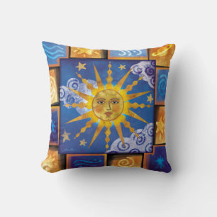 Cojín Decorativo Sol celestial colorido arte cubista con estrellas