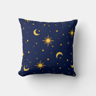 Cojín Decorativo Sol Dorado, Luna y Estrellas Patrón Celestial Sin