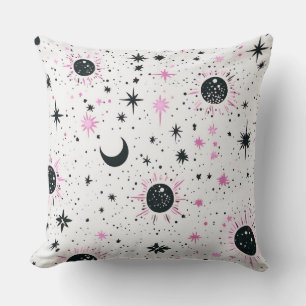 Cojín Decorativo Sol Luna Estrellas Celestiales Negro y Rosa