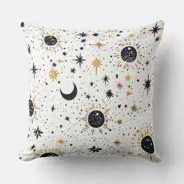 Cojín Decorativo Sol Luna y Estrellas Celestiales Negro y Dorado