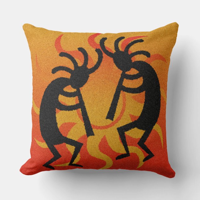 Cojín Decorativo Sol Tribal Kokopelli, Negro Y Naranja (Anverso)