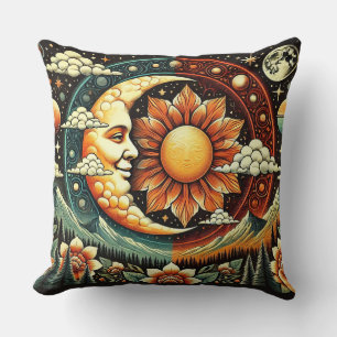 Cojín Decorativo Sol y Luna Caprichosos en un Cosmos Surrealista