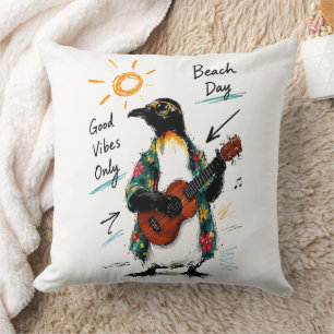 Cojín Decorativo Solo Buenas Vibraciones Playa Pingüino Tocando Uku