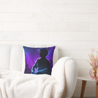Cojín Decorativo Sombra jugador - Guitarista neón en morado y azul 