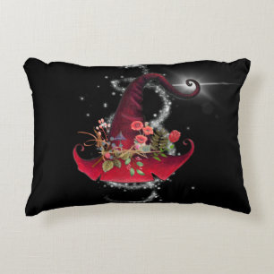 Cojín Decorativo Sombrero de Bruja Rojo Vintage Brillante Negro