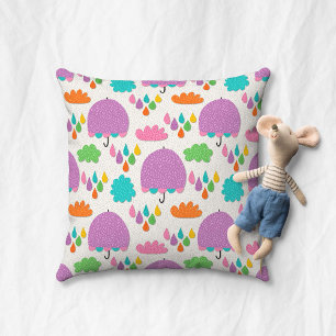 Cojín Decorativo Sombrillas Moradas con Nubes y Gotitas de Lluvia