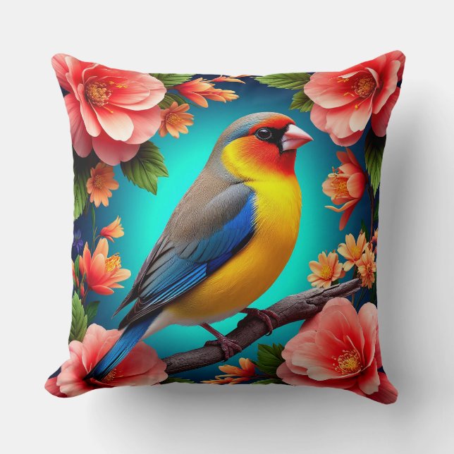 Cojín Decorativo Songbird Encaramado Entre Flores Brillantes (Anverso)