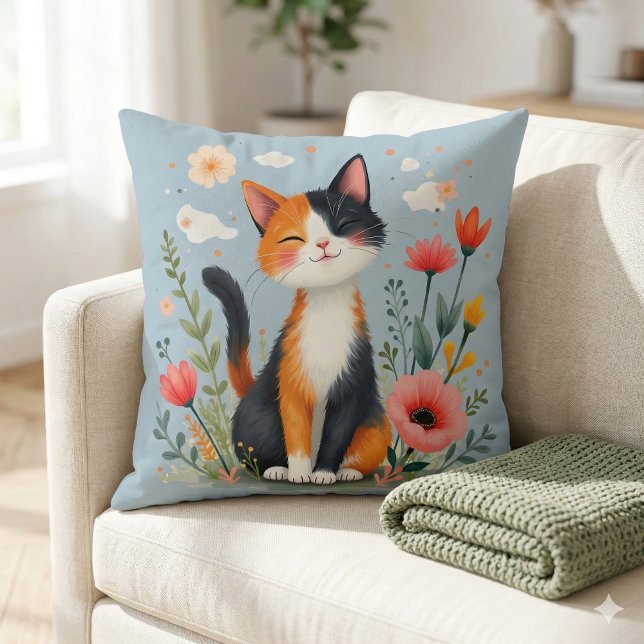 Cojín Decorativo Sonriendo gato calico en un jardín floreciente (Smiling Calico Cat in Blooming Garden Throw Pillow Mockup A)